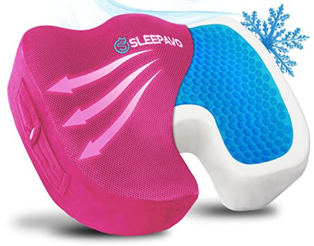 Sleepavo Pink Memory Foam Seat Cushion for Office Chair - Cooling Gel Pillow for Sciatica Coccyx Back Tailbone & Lower Back Pain Relief - Chair Pad for Lumbar Support in Office Desk, Car & Airplane - Pink