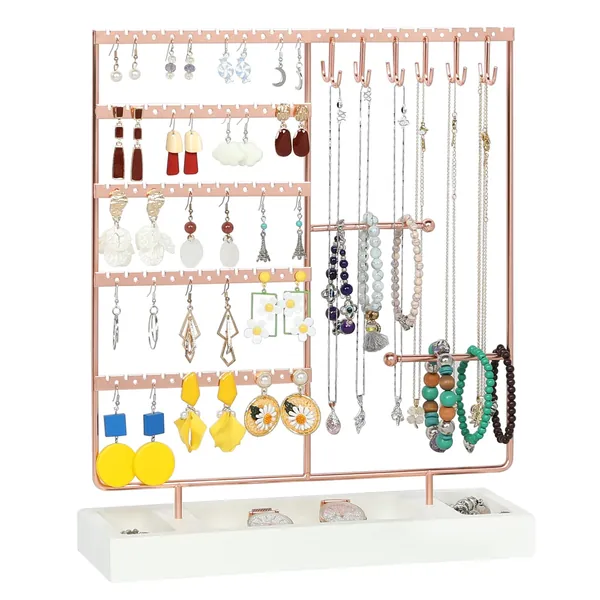 Earring Holder, 5-Tier Ear Stud Holder with Wooden Tray, Jewelry Towers for Earrings Necklaces Bracelets Watches and Rings,Earring Display Stand, Rose Gold