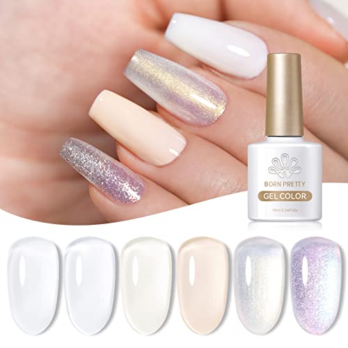 Born Pretty Milky White Gel Nail Polish Jelly Gel Nail Polish Set White Nude Shimmer Glitter 6 Colors Sheer Home Gel Manicure DIY Nail Art Salon Varnish 10ML - Just White