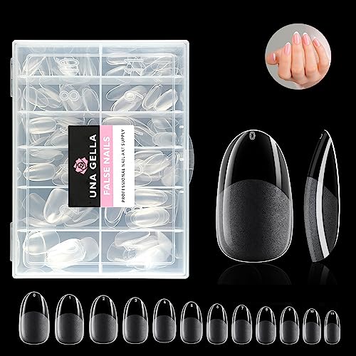 UNA GELLA Oval Almond Fake Nails Pre-shape 216pcs Round Almond Tips Press on Nails for Full Cover Acrylic Round Oval Full Nails False Nails 12 Sizes False Soft Gel Tips - Medium Round