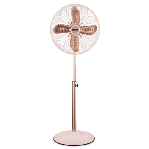 Tower T643000P Cavaletto 16” Metal Pedestal Fan with 3 Speed Settings and Copper Motor, 50W, Marshmallow Pink and Rose Gold