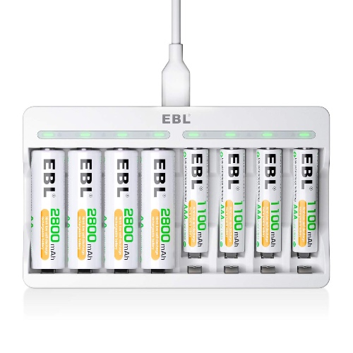 EBL 8 Slots AA AAA Battery Charger and 4 AA and 4 AAA Rechargeable Batteries - 5V 2A Fast Charging Battery Charger & Battery Sets