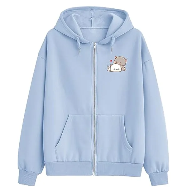 Women Kawaii Cartoon Cute Cat Graphic Casual Cotton Pullover Hoodies Sweatshirt