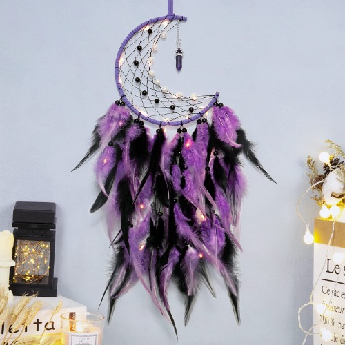 Dremisland Moon Dream Catcher with Fairy Lights-Handmade Colorful Feather Lucky Turquoise Pendant Beads Wall Hanging Ornament for Kids Bedroom Home Decoration ,Art Craft Gift. (Purple&Black) - Purple&black