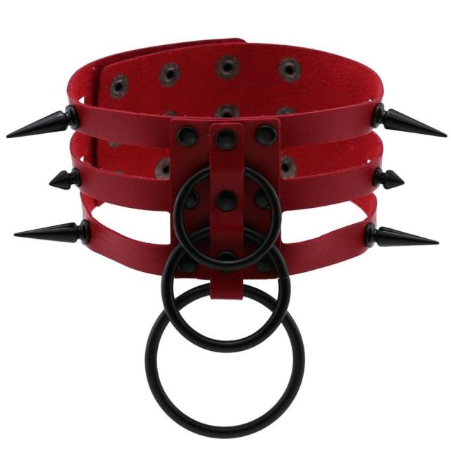 'Tortured' Black Gothic Spike Ring Choker (14 Colours) - red