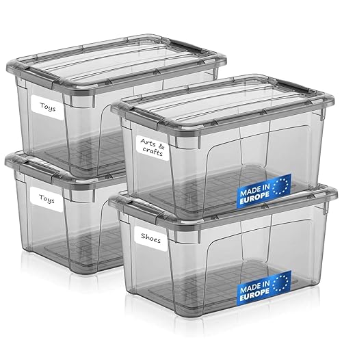 Tribello 6 Quart Storage Containers with Lids, Plastic Storage Bins with Latching Lids For Organizing - Tinted - (11.5’ x 8” x 6”) - Set of 4 - Made in EU