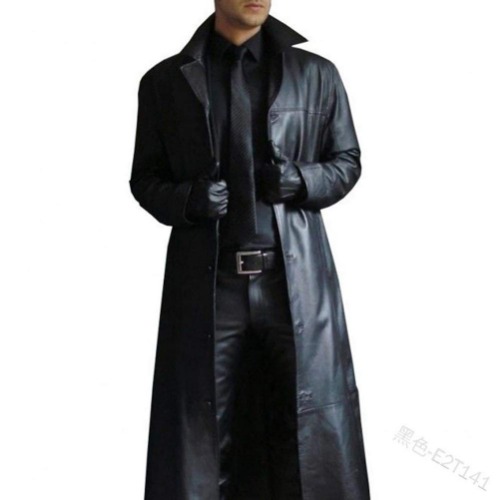YEKZDD Retro Leather Vintage Long Coat Black Leather Trench Coat Mens Full Length Leather Duster Coat for Men