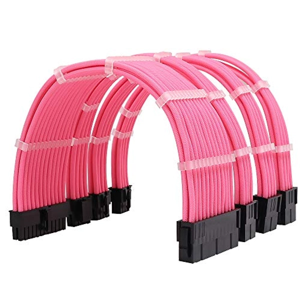 IBEST IMPETUS PSU Sleeved Cables Computer ATX sleeved Extension Cables 24 Pin/8-Pin CPU/6+2 Pin PCIE Power Supply Cable Set 18AWG 300MM (12in, Pink)