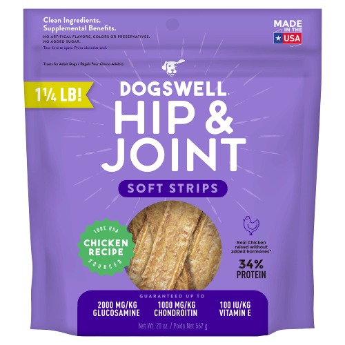 DOGSWELL Hip & Joint Dog Treats 100% Meaty, Grain Free, Glucosamine Chondroitin & Omega 3, Chicken Soft Strips 20 oz - Chicken 1.25 Pound (Pack of 1)