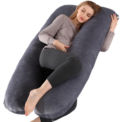 PinkFroggie 55" Pregnancy Pillow for Sleeping,U-Shape Full Body Maternity Pillow with Removable Velvet Cover,Anxiety Hug Pillow for Side Sleeping Adults,Versatile Surgery Recovery Support Cushion - Dark Grey - U-Shape: 140 x 70 CM