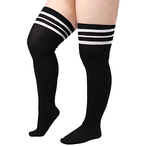 DRESHOW Plus Size Women Thigh High Socks Striped Over Knee Long Boot Stockings Knee High Socks Leg Warmers - 1 Pair Plus Size: Black (White Stripe) - 1