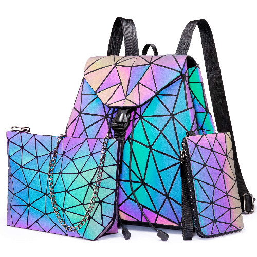 Geometric Luminous Backpack for Women Holographic Reflective Purses Crossbody Bag Wallet - Backpack + Crossbody Bag + Wallet