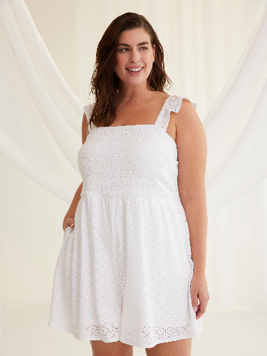 Solid Eyelet Sleeveless Smocking Romper | Penningtons
