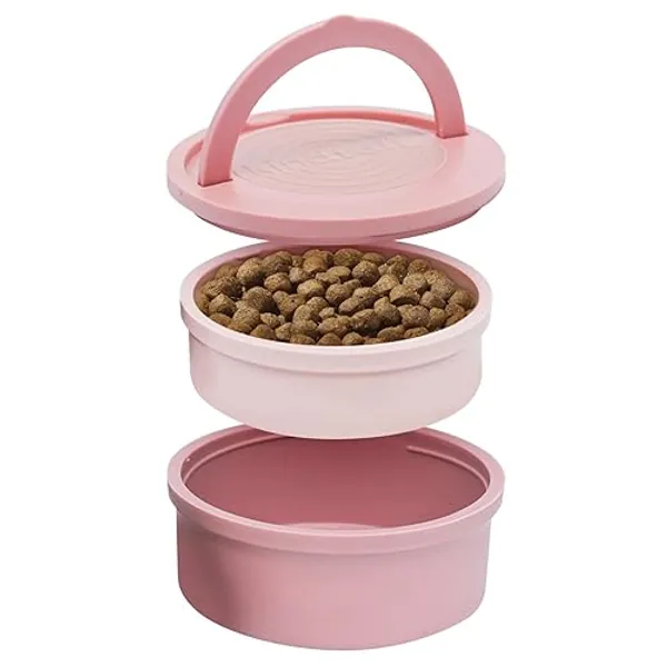 KindTail Dog Travel Bowls - Set of 2 Portable Pet Bowls - Food & Water Dish Set with Lid & Handle - Nesting Containers with Non-Slip Silicone Base - Microwave & Dishwasher Safe - BPA & Toxin-Free - Small - Rose Pink