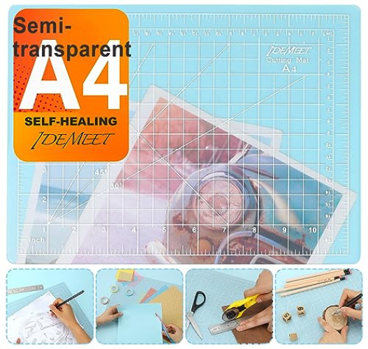 Semi-transparent Cutting Mat 9" x 12" Self Healing Sewing Mat, Idemeet Rotary Cutting Sewing Mat for Crafts, 5-Ply Blade Table Protector for Fabric Leather Cutting Quilting Modeling Hobby Project, A4 - Semi-transparent - A4：9" x 12"