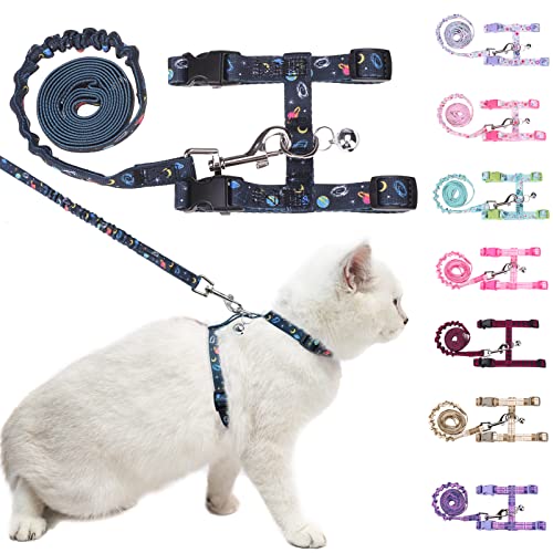 BEAUTYZOO Cat Harness and Leash Set Escape Proof for Walking, Kitten Soft Adjustable Vest Harnesses for Small Medium Large Cats, Easy Control Breathable Plaid Ribbon Nylon for Outdoor Indoor Use - Medium - Black Star&Moon