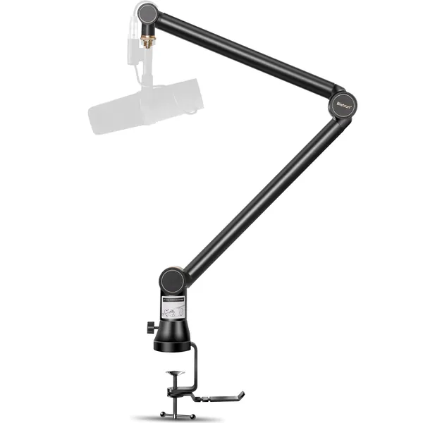 Mic Arm Desk Mount(Longer)for Blue Yeti/Snowball/Shure SM7B/MV7＆Other Mics,Bietrun Universal Professional Heavy Duty Metal Boom Arm Mic Stand with 3/8" to 5/8" Adapter,Hidden Cable Trough,Headset Hook - Black