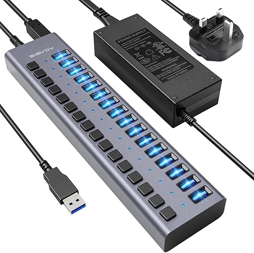 90W Powered USB Hub - ACASIS 16 Ports USB 3.0 Data Port, Aluminum Housing, Individual On/Off Switches, 12V/7.5A Power Adapter, USB Splitter for Laptop, PC, Computer, Printer - 16 Ports