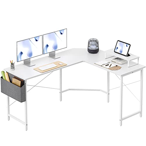 CubiCubi L Shaped Gaming Desk, 59.1 inch Computer Corner Desk with Monitor Shelf for Home Office Study Writing Workstation, White - 59.1" with Monitor Shelf - White