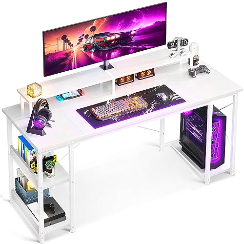 ODK 63 inch Computer Desk with Monitor Shelf and Storage Shelves, Gaming Desk, Study Table with CPU Stand & Reversible Shelves, White - 63 Inch - White
