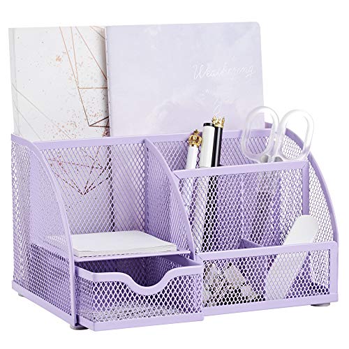 Annova Mesh Desk Organizer Office with 7 Compartments + Drawer/Desk Tidy Candy/Pen Holder/Multifunctional Organizer - Light Purple/Lavender - Light Purple