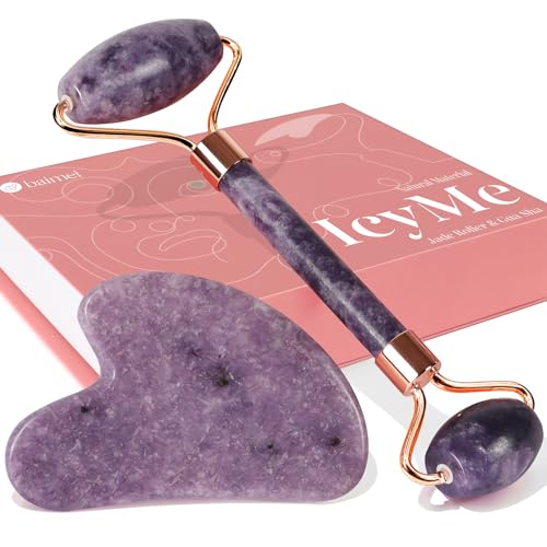 BAIMEI Jade Roller & Gua Sha Set Face Roller and Gua Sha Facial Tools for Skin Care Routine and Puffiness, Self Care Gift for Men Women - Purple - Purple