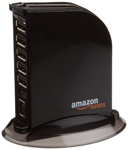 Amazon Basics 7 Port USB 2.0 Hub Tower with 5V/4A Power Adapter, Black - 1-Pack - 7-Port USB 2.0