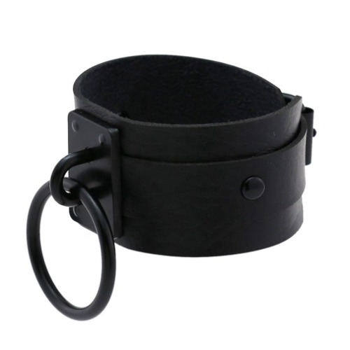 Metal O Ring Leather Band Bracelet - Black