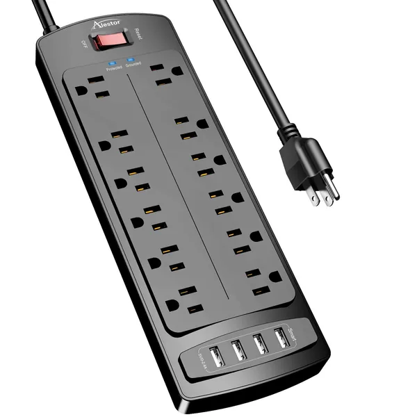 Power Strip, ALESTOR Surge Protector with 12 Outlets and 4 USB Ports, 6 Feet Extension Cord (1875W/15A), 2700 Joules, ETL Listed, Black… - Black