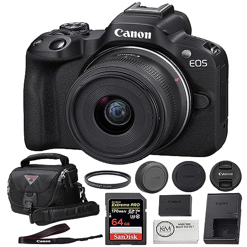 Canon EOS R50 Mirrorless Camera with 18-45mm Lens | Black Bundled with 64GB Memory Card + 49mm UV Filter + Camera Case with Rain Cover + Microfiber Cleaning Cloth (5 Items) - EOS R50 w/RF-S18-45mm + 64GB Starter Kit - Black