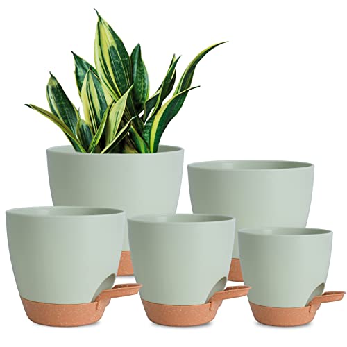 Vanslogreen Plant Pots Indoor 7/6.5/6/5.5/5 Inch Self Watering Planters for Indoor Plants with Drainage Hole, Plastic Flower Pots for Succulents, African Violet (Green) - Green-5pack - 7/6.5/6/5.5/5 inch