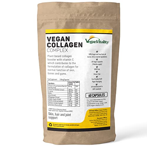 Vegan Collagen Supplement For Skin, Hair, Nails, Joints & Bones with Biotin, Lysine, Bamboo Silica, Zinc, Vitamin C, E & A. 2 Months Supply. Collagen For Vegans and Vegetarians