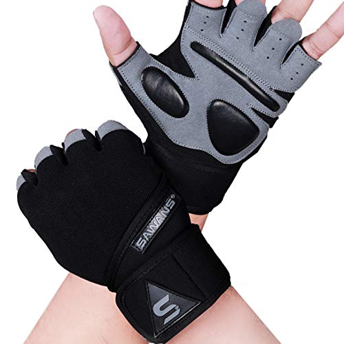 SAWANS Gym Gloves Training Weight lifting Gloves for Men Women Wrist Support Padded Extra Grip Palm Protection Exercise Fitness Workout Gloves Cycling,Hanging,Pull ups,Breathable - Long Wrist Strap - L
