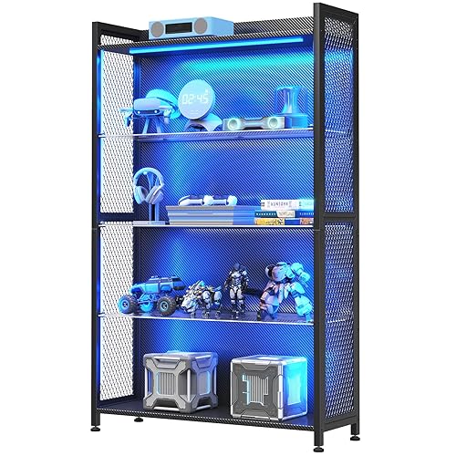 MOTPK Display Cabinet with LED Lights, Display Case with Glass Storage Shelves, 4-Tiers Curio Cabinet for Collectibles, Display Shelf Carbon Fiber Texture Black 32inch