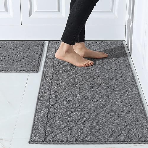 COSY HOMEER 48x20 Inch/30X20 Inch Kitchen Rug Mats Made of 100% Polypropylene 2 Pieces Soft Kitchen Mat Specialized in Anti Slippery and Machine Washable (Grey) - 48"x20"+ 30"X20" - Grey