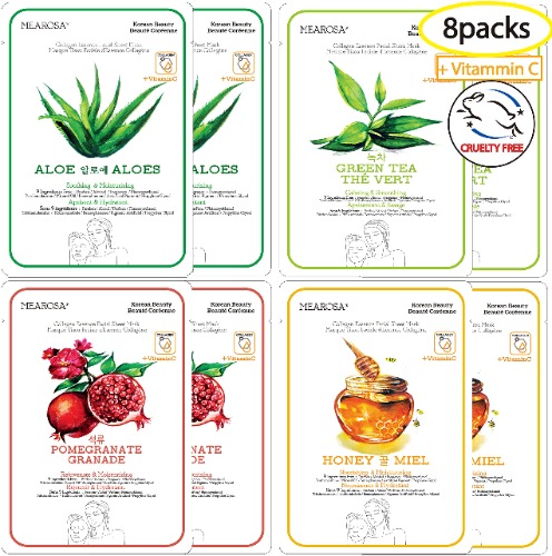MEAROSA Facial Sheet Mask Korean SkinCare premium Quality Vitamin C Collagen Essence Sensitive skin(8 Sheet Variety pack)