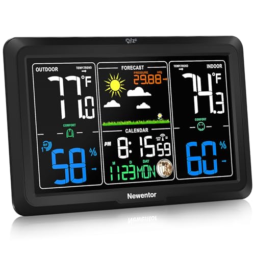 Newentor Weather Station Wireless Indoor Outdoor Thermometer, 7.5in Large Display Atomic Weather Clock, Temperature Humidity Monitor with Moon Phase, Weather Forecast and Barometric Pressure, Black - Black