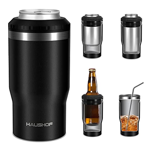 HAUSHOF 12 oz Can Cooler, 4 in 1 Insulated Stainless Steel Can Insulator, Fits for 12 oz Standard Can|12 oz Slim Can|12 oz Beer Bottle, Perfect for Camping, Beach, Picnic - Black