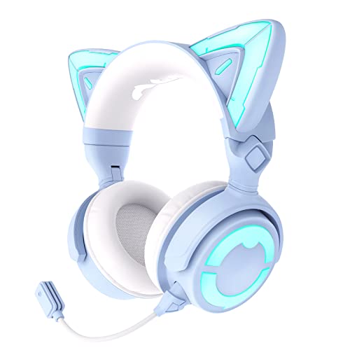 YOWU RGB Cat Ear Headphone 4, Upgraded Wireless & Wired Gaming Headset with Attachable HD Microphone -Active Noise Reduction, Dual-Channel Stereo & Customizable Lighting and Effect via APP (Blue) - Blue