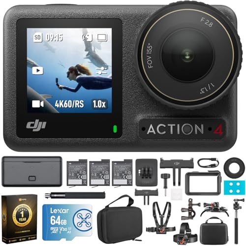 DJI Osmo Action 4 Adventure Combo - 4K Waterproof Action Camera with Battery Case Bundle with Lexar 64GB Memory Card, Protective Case, 1 YR CPS Enhanced Protection Pack and 6-Piece Accessory Kit