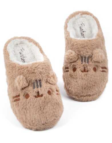 Pusheen tofflor för kvinnor | Vuxna Tonåringar Grå Nah eller Brun Päls Plysch Katt Karaktär Design Alternativ | Anime Tecknade djur Slip On Mules House-skor - 38/39 EU