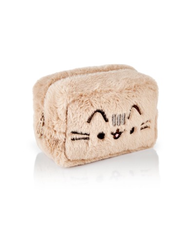 Pusheen Fluffig sminkväska för kvinnor | Damer All Over Päls med broderad logotyp i Tan | Classic Logo Zip Kosmetisk förvaringsväska Kattklädesbehållare Gott om förvaring