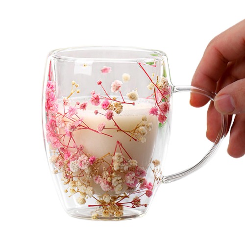 MEFFEE Dry Flowers Double Wall Glas Cup, Kaffe Te Glas Te Double Wall Cup, Söta tekoppar med anti skållningshandtag, Säker och dekorativ väggkopp för mjölkchoklad - Rosa