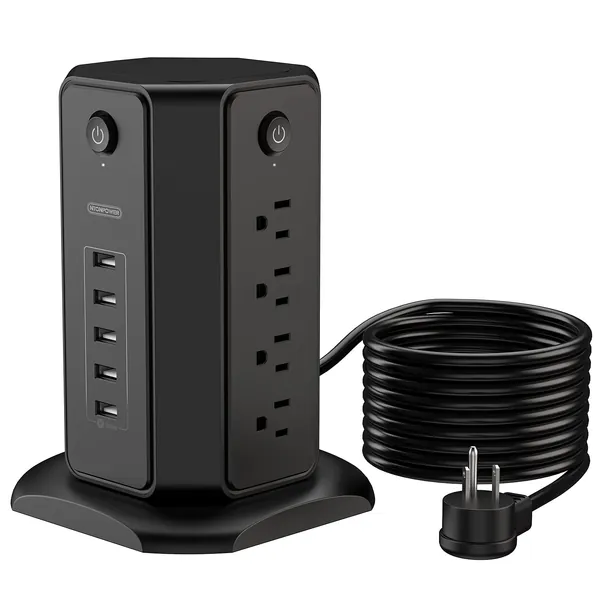 15ft Power Strip Tower Surge Protector, NTONPOWER Long Extension Cord Flat Plug Power Strip with 8 Outlet 5 USB Desktop Charging Station, Individual Switches, 1080 J, Circuit Breaker for Home Office - 15 FT Cord Black
