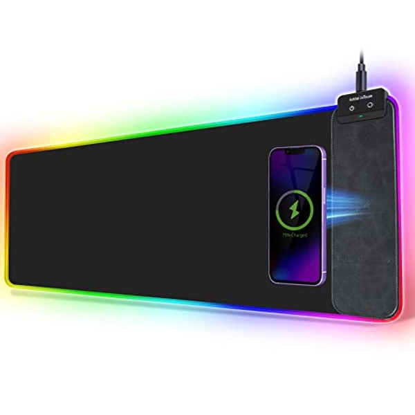 Wireless Charging RGB Gaming Mouse Pad 10W, 31.5"x11.8"x0.12" Extended Large Desk Mat Protector, [9 Light Modes] [Light Switch] [Non-Slip Rubber Base] [Waterproof] Keyboard Mat