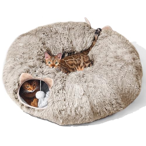 Cat Tunnel with Cat Bed for Indoor Cats, Soft Plush Peekaboo Cat Cave Donut Tunnel, Multifunctional Cat Playground Toys Hideplace for Small Medium Large Cats, Kittens, Rabbit, Ferret, Brown - BROWN