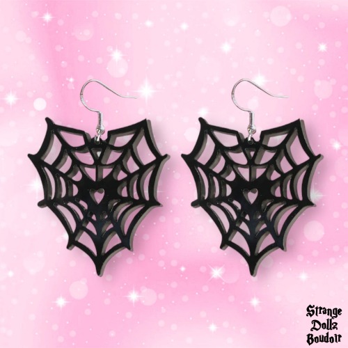Spiderweb Heart earrings, 925 sterling silver earrings, Halloween gothic jewellery, Strange Dollz Boudoir