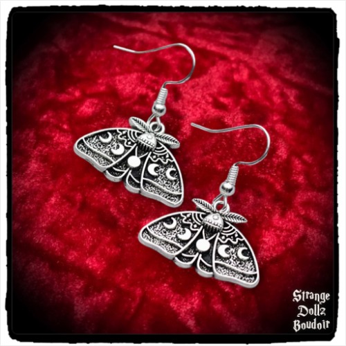 Lunar Moth earrings, 925 sterling silver, Moonphase Celestial Witchy Gothic, Strange Dollz Boudoir