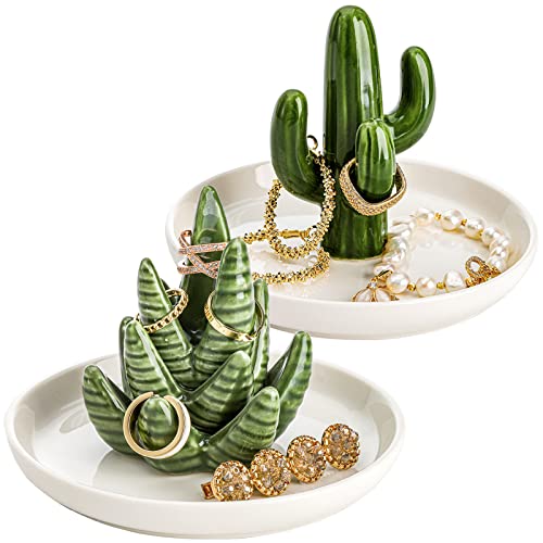 Elsjoy Set of 2 Aloe and Cactus Ring Holder Dish, Ceramic Plant Jewelry Dish Bracelet Earrings Necklace Organizer Tray, Decorative Succulent Trinket Dish for Wedding, Birthday Gifts, Home Decor - Aloe & Cactus