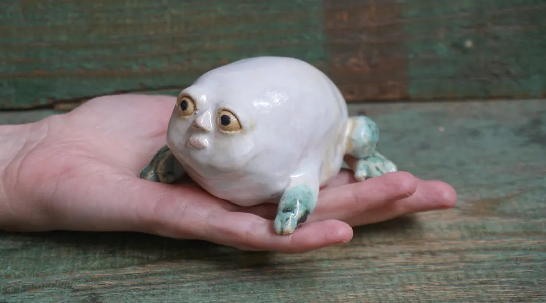 Ceramic Frog Figurine, Ceramic Sculpture Art, Human Face, Cute Frog Statue, Ceramic Animal